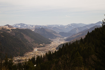 Landscape in the Hutsul mountain village in the morning .