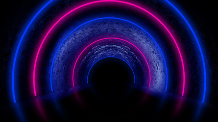 Background of an empty dark room with a concrete floor, multicolored neon circles in the center, neon light and multi-colored smoke.  Night view, round tunnel, corridor. Abstract light.