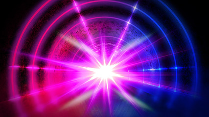 Background of an empty dark room with a concrete floor, multicolored neon circles in the center, neon light and multi-colored smoke.  Night view, round tunnel, corridor. Abstract light.