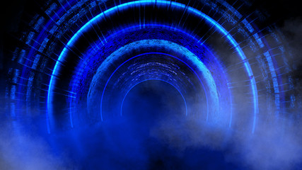 Background of an empty dark room with a concrete floor, multicolored neon circles in the center, neon light and multi-colored smoke.  Night view, round tunnel, corridor. Abstract light.