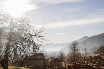 Landscape in the Hutsul mountain village in the morning .