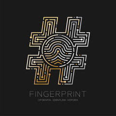 Hashtag sign Fingerprint scan pattern logo dash line, digital social network concept, illustration silver and gold isolated on black background with Fingerprint text, vector