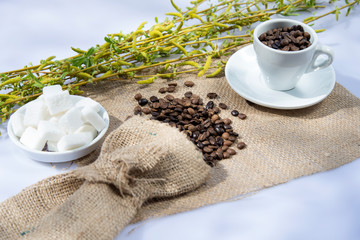 Coffee cups and herbs decoration