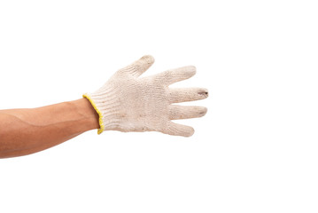 Man hand with cotton glove isolated on white background. clipping path