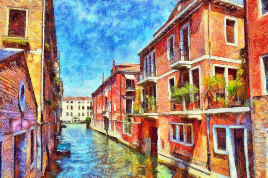 Colorful facades of old medieval houses over a canal in Venice, oil painting