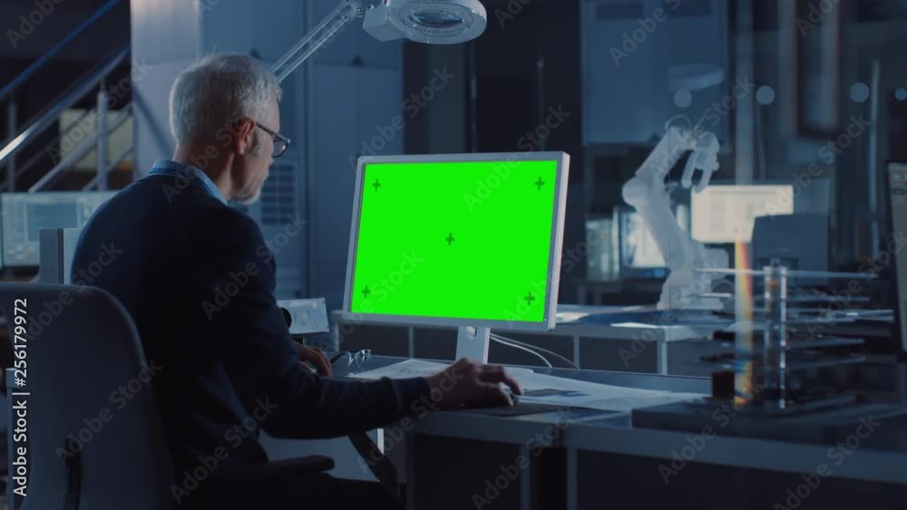 Poster professional heavy industry engineer works on green mock-up screen computer. engineering bureau and 