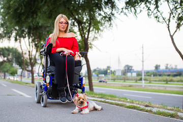 Beautiful young woman on a wheelchair enjoying outdoors with her dog.