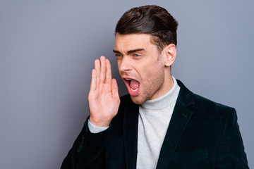 Close-up portrait of his he nice handsome attractive bearded guy wearing velveteen blazer saying recommendation speech isolated over gray violet purple pastel background