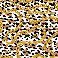 Vector Realistic isolated golden beads necklace and Leopard seamless pattern. Animal print. Vector background.animal skin, tiger stripes, abstract pattern, Gold pearls seamless.