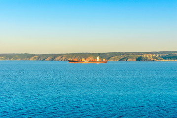 Istanbul, Turkey, 9 May 2015: Ship at Black Sea, Rumeli Feneri, Sariyer