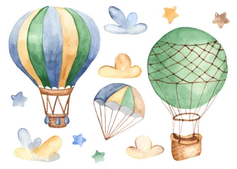 Glasschilderij Aquarel luchtballonnen Luchtvervoer in aquarel. Kinder cartoon illustratie van een luchtschip, vliegtuig, raket, helikopter voor ansichtkaarten, uitnodigingen, babyborrels, kinderkleding.