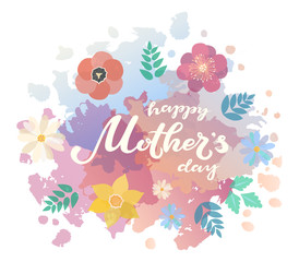 Fototapeta na wymiar Happy Mother's Day typography lettering poster on watercolor and flat floral frame background. Text and decor. Mothers Day greeting card, postcard, banner template. Vector illustration.