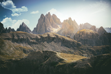 beautiful view of Dolomites rocky mountains landscape in the tre cime di lavaredo park, south Tyrol. natural sunlight