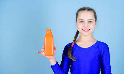 Happy child sportsman. Fitness and diet. Energy. Relax after gym workout of teen girl. Success. Childhood activity. Sport and health. Little girl drink water from bottle. Simply happy. copy space