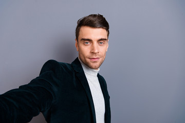 Self-portrait of his he nice cute bearded fashionable candid guy wearing velveteen blazer sweater isolated over gray violet purple pastel background