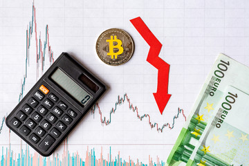 unprofitable investment of depreciation of virtual money bitcoin. red arrow, silver bitcoin and euro banknotes go down on paper forex chart index background. Concept of depreciation of cryptocurrency. - obrazy, fototapety, plakaty