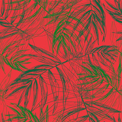 Green tropical palm leaves, jungle leaf seamless floral pattern on bright red background