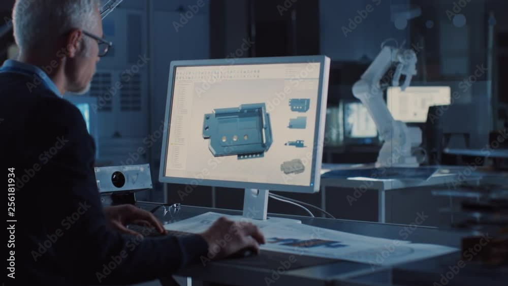 Poster engineer works on computer uses cad software to design 3d industrial machinery component. in the bac