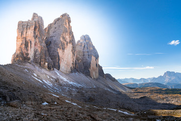 scenic view of the tre cime di lavaredo, in the drei zinnen national park, south tyrol. mountains landscape in the dolomites