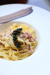 Pasta Carbonara with bacon and cheese , Italian food