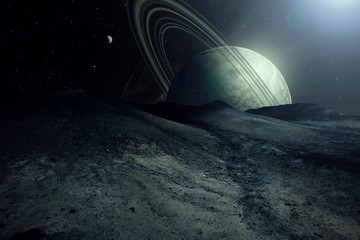 alien planet landscape sci fi spatial background, view from planet surface with spectacular sky, realistic digital illustration