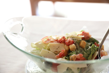 caesar salad with chicken crispy bacon and cheese healthy food