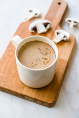 Mushroom Latte Coffee with Milk and Espresso on Wooden Board Ready to Drink.