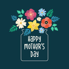 Happy Mother's Day typography lettering poster on floral frame background. Text and flat flowers in vase decor. Mothers Day greeting card, postcard, banner template. Vector spring illustration