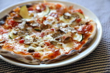 Pizza with bacon and mushroom , italian food