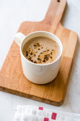 Mushroom Latte Coffee with Milk and Espresso on Wooden Board Ready to Drink.