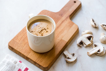 Mushroom Latte Coffee with Milk and Espresso on Wooden Board Ready to Drink.