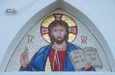 Christ Pantocrator, mosic above the entrance of the church of St. Anthony in Novigrad, Croatia