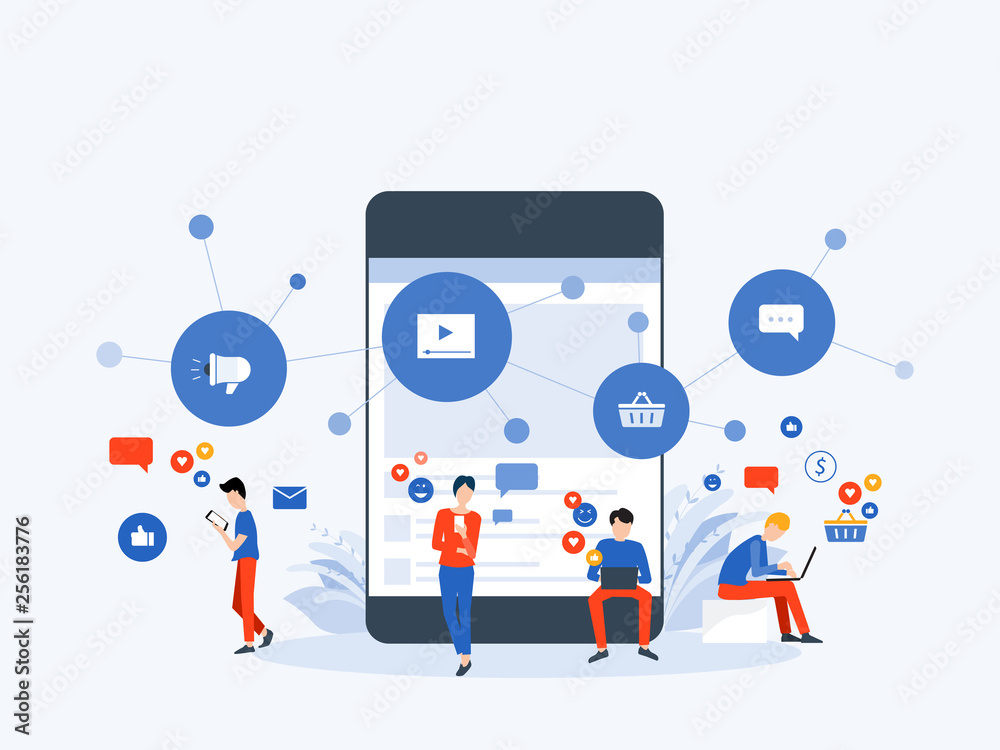 Poster flat vector illustration social media and digital marketing online connection concept with business 