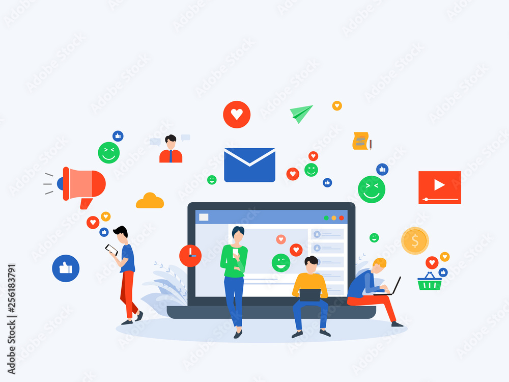 Aufkleber flat vector illustration social media and digital marketing online connection concept with business 