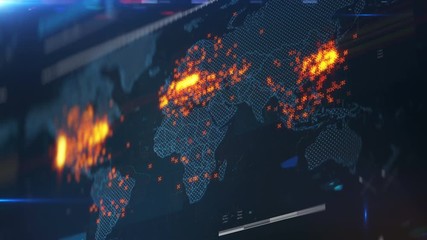 Map showing global spreading of virus, information, chemical leakage, bombings. Generic global attack, international events