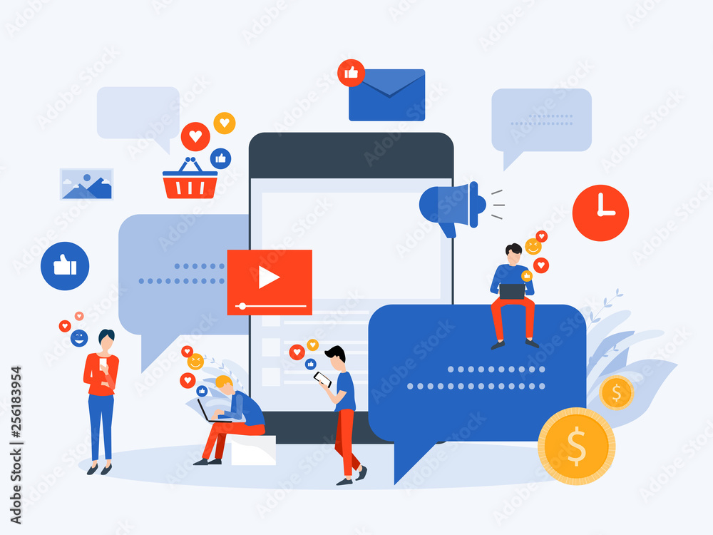 Aufkleber flat vector illustration social media and digital marketing online connection concept with business 