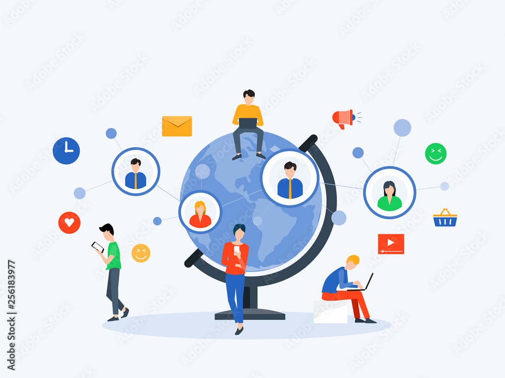Aufkleber flat vector illustration social media and digital marketing online connection concept with business 