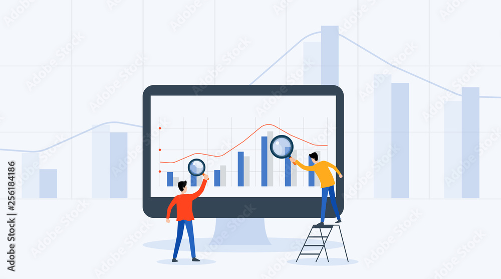 Poster flat vector illustration business people analytics and monitoring investment and finance report grap