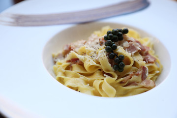 Pasta Carbonara with bacon and cheese , Italian food