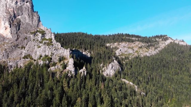 Aerial view Bicaz Gorge panorama in the Carpathian Mountains near Hasmas and Ceahlau National Park. Big size panorama, travel to Europe, vacation concept. Romania