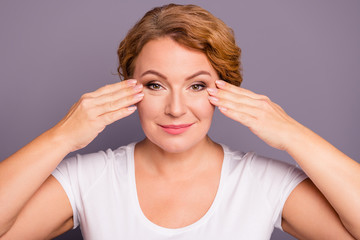 Close up photo beautiful amazing model she her lady friendly check touch facial perfect fresh soft skin use user expensive wash lotion smearing cream wear white t-shirt isolated grey background