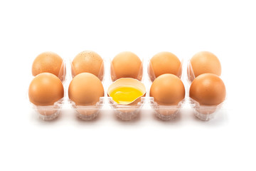 An eggs packaging with one egg crack at center