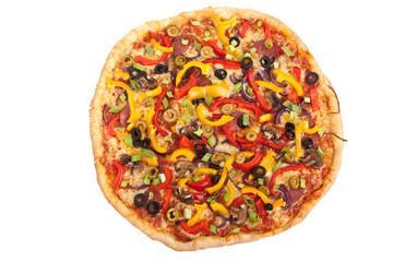 whole colorful vegetable, mushroom and pepperoni pizza