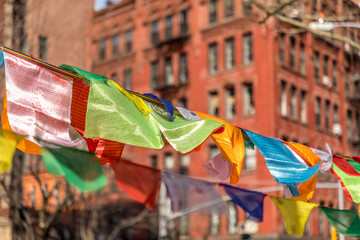 Buddhist Prayer Flags in Bogardus Garden, Tribeca, New York, USA