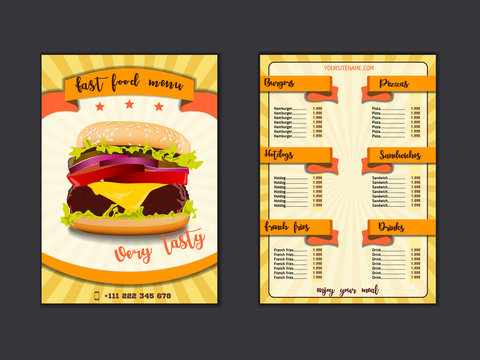 Fast food restaurant menu template. Lunch dishes and drinks list with prices and burger, pizza, hot dog, soda, fries, coffee, donut, sandwich for folding brochure design