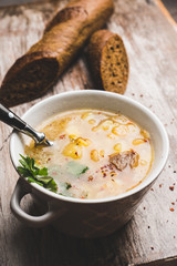 Fat meat soup with lamb based broth, chickpea and potatoes. Selective focus.