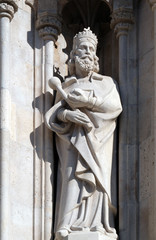 Statue of Saint from portal of the church of St. Matthew near the fisherman bastion in Budapest,...