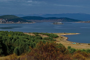 Batak dam with rest homes at the Rodopi mountain Bulgaria