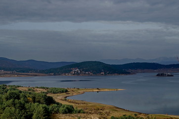Batak dam with rest homes at the Rodopi mountain Bulgaria