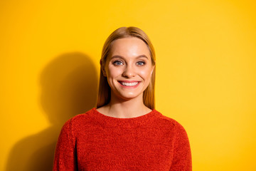 Fototapeta premium Close-up portrait of her she nice-looking attractive winsome lovable fascinating cheerful cheery teen girl isolated over bright vivid shine orange background